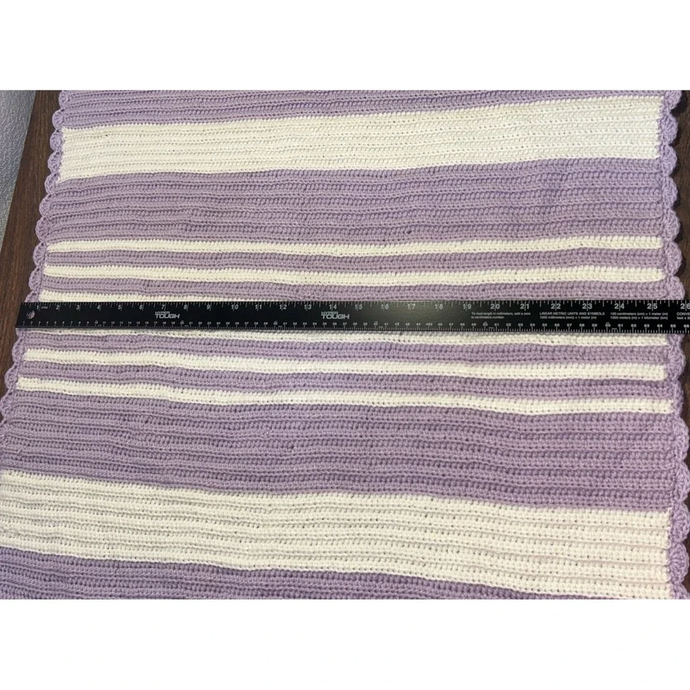 Crocheted Baby Blanket Handmade Lilac/White Stripe Crocheted Flower Accent 29x26